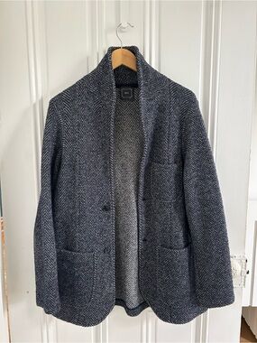Mens Shawl Collar Herringbone Jacket - Gray & Blue Black